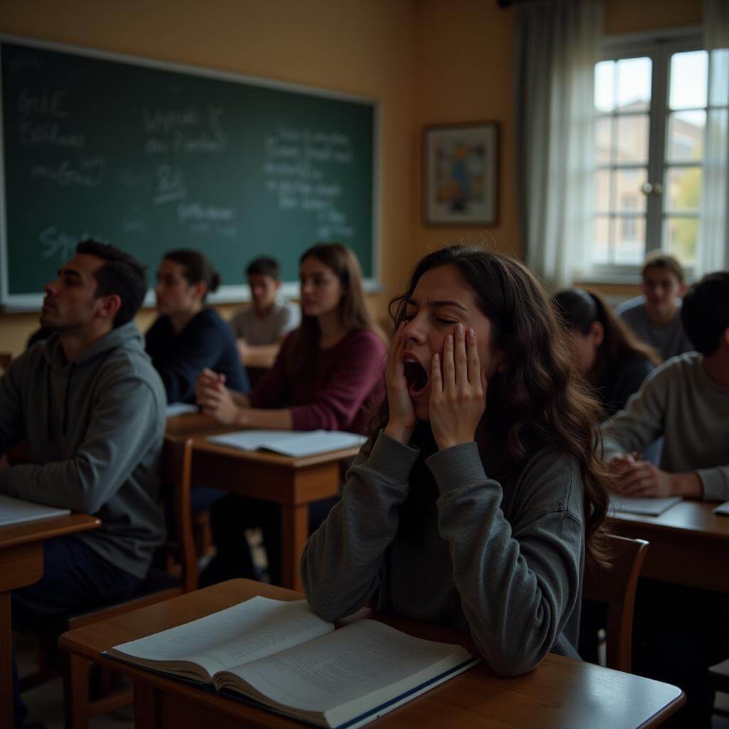 Student yawning in early morning class