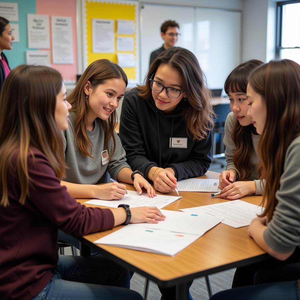 Students working together on a group project in classroom