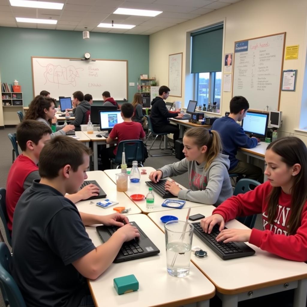 Students engaged in various subjects in a classroom