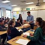 Students learning first aid techniques in a classroom