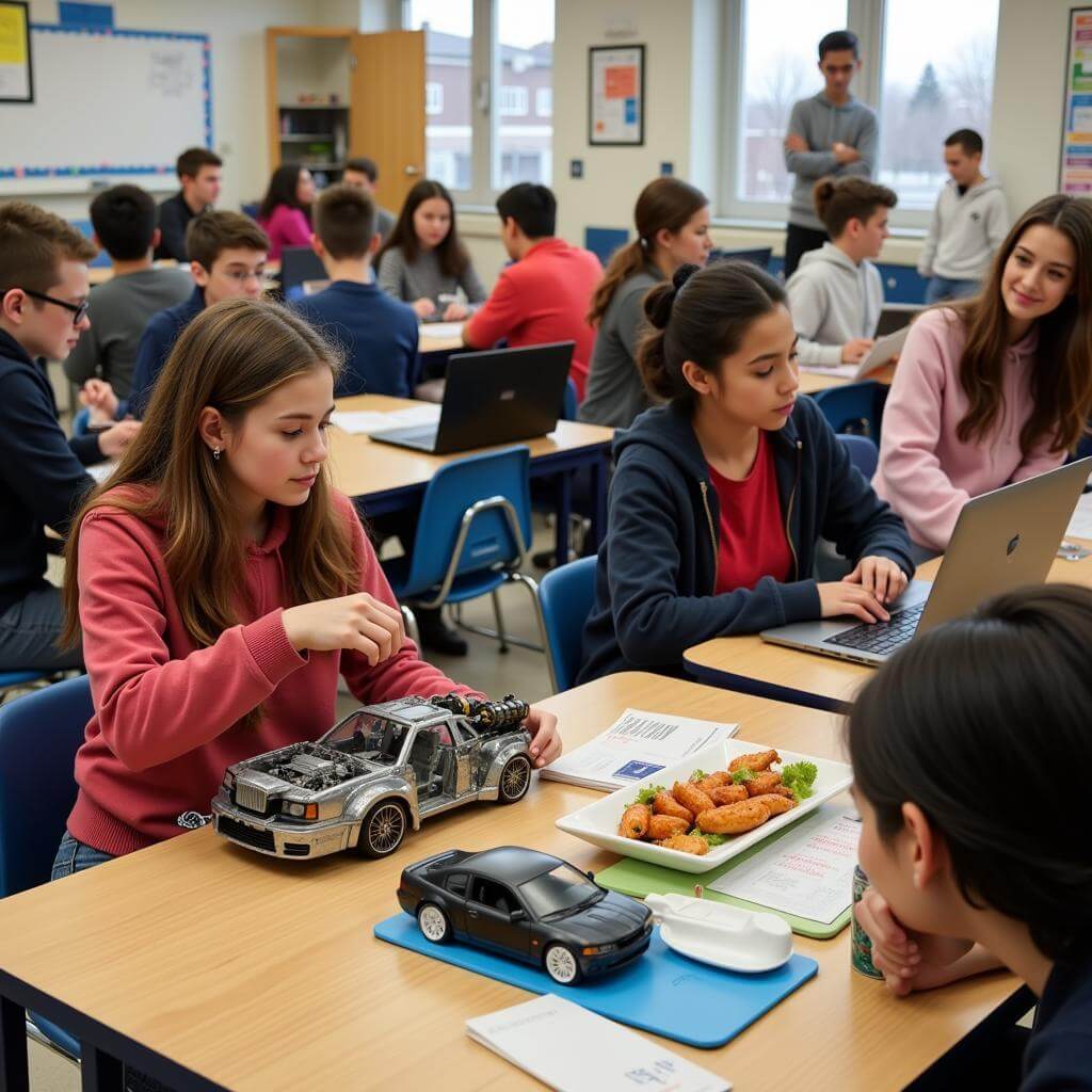 Students learning practical skills in a modern classroom