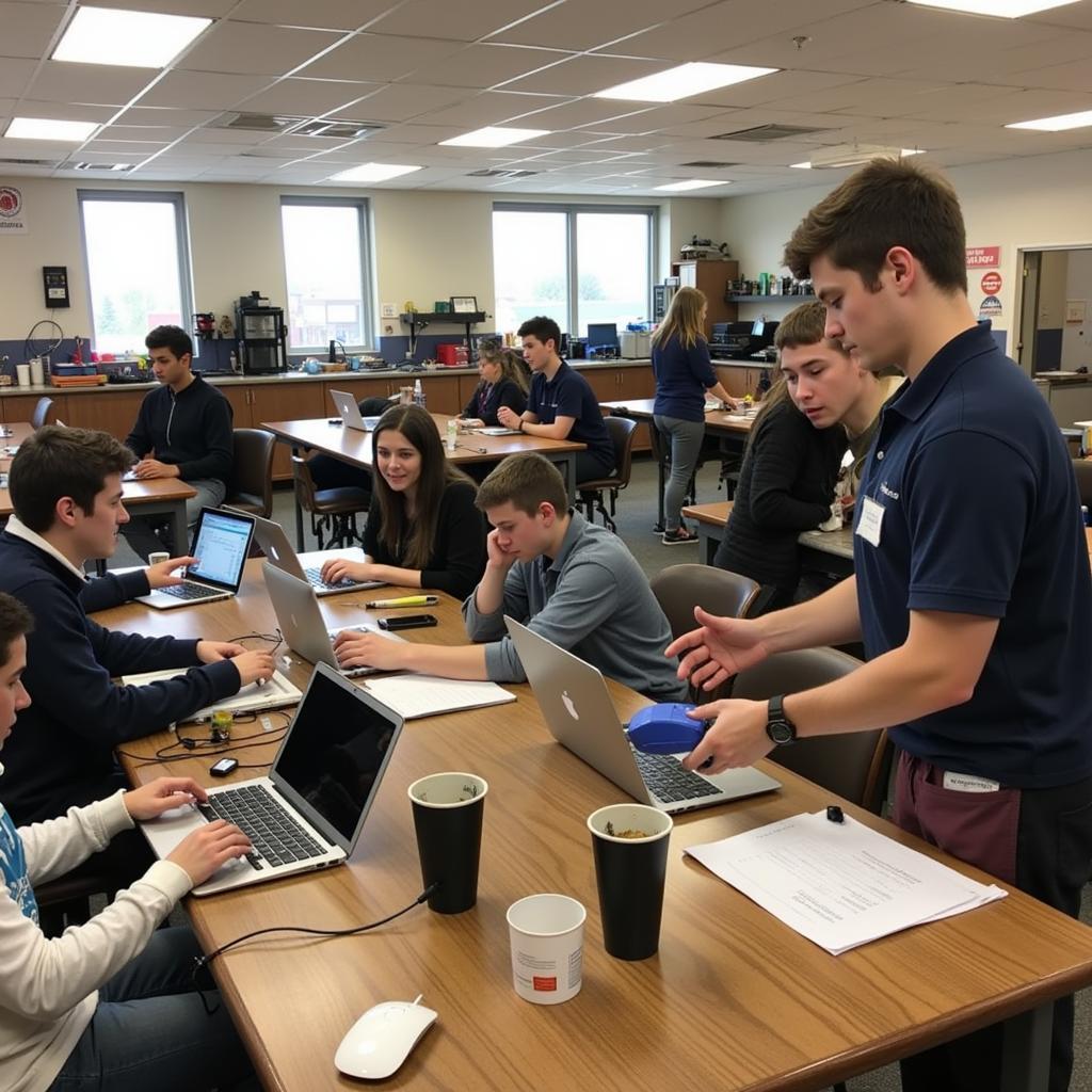 Students practicing practical skills in a classroom