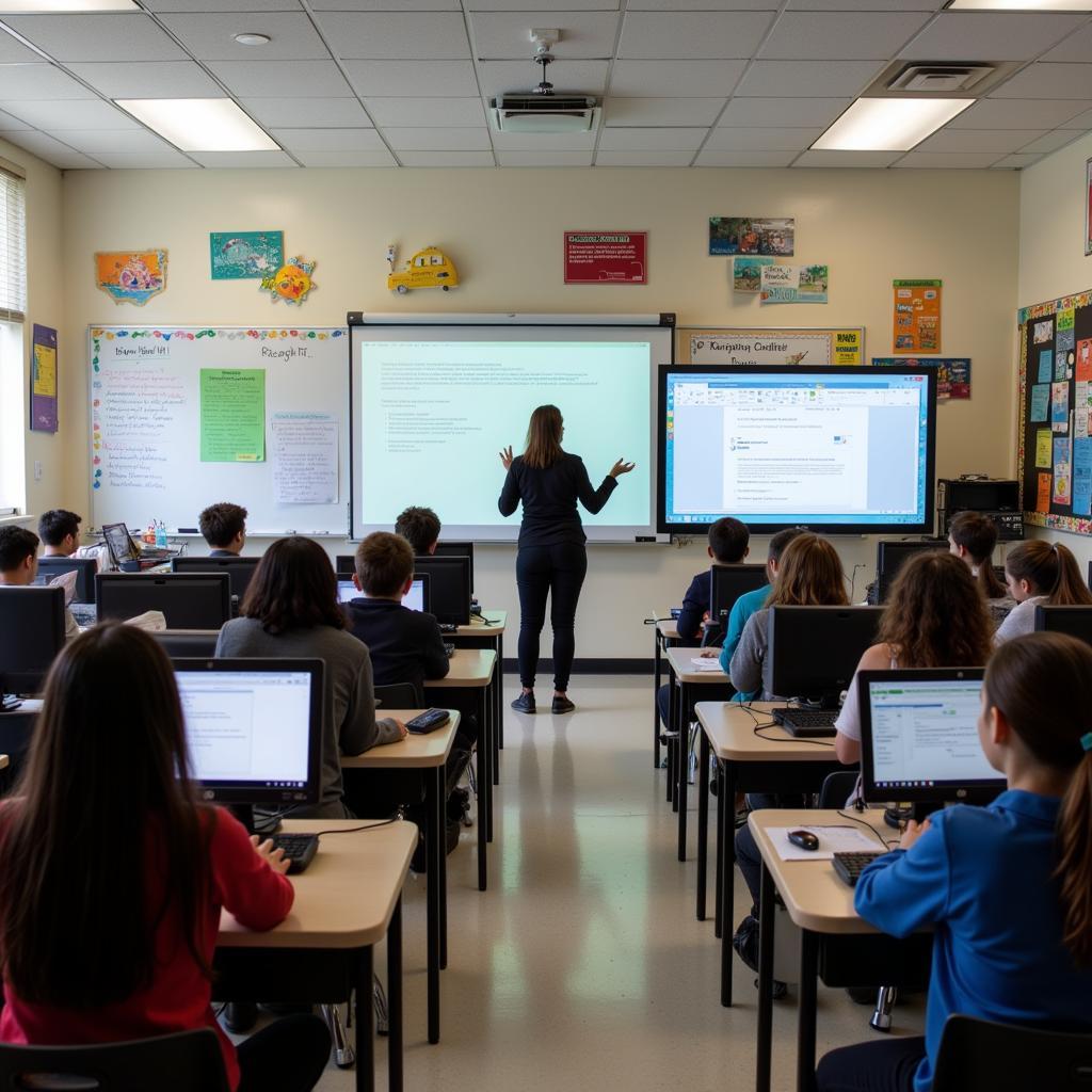 Students using computers in a modern classroom