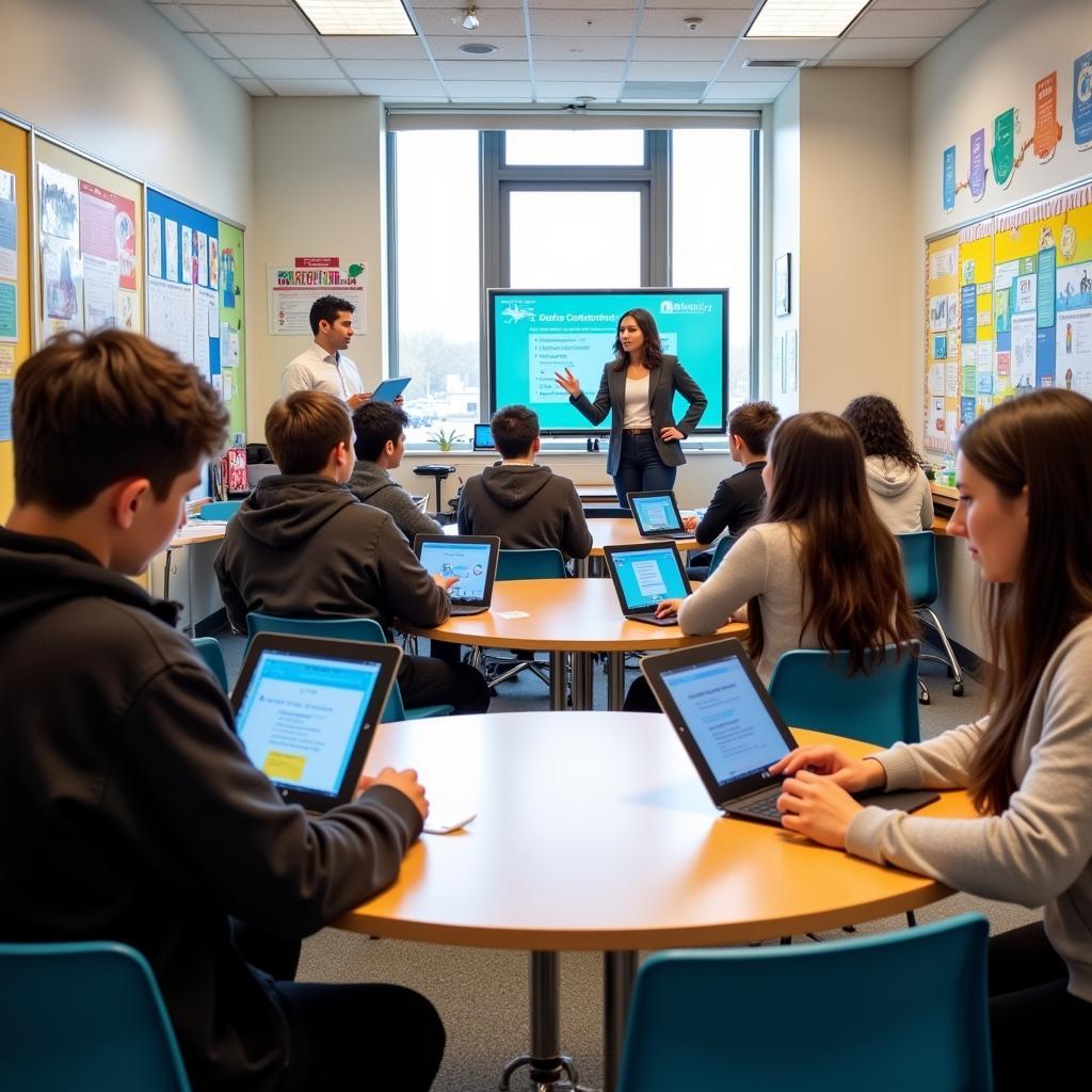 Students using tablets for interactive learning in a modern classroom