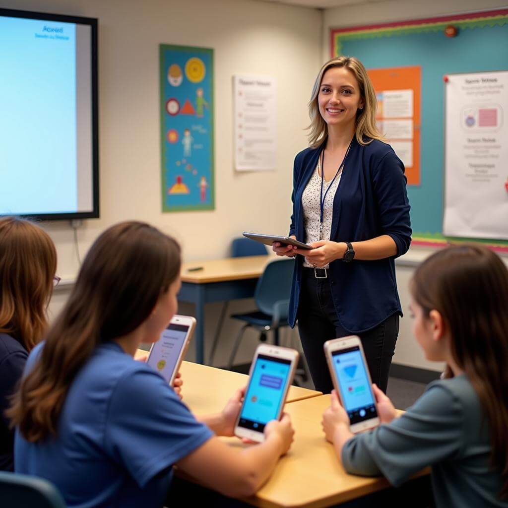 Teacher monitoring smartphone use in a classroom