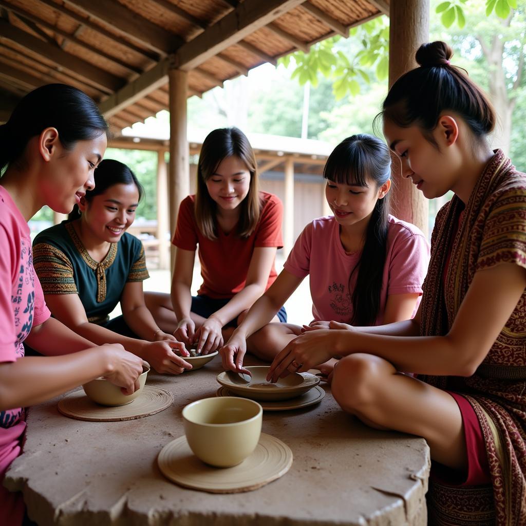 Tourists learning local customs from community members