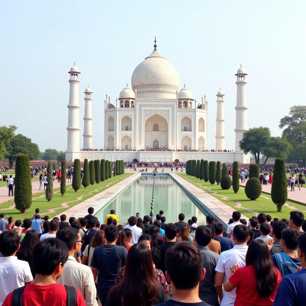 Tourists visiting the Taj Mahal, a famous historical site in India