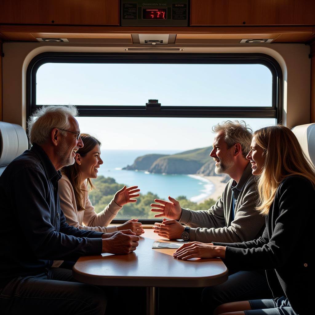 An elderly couple sharing stories with young travelers on a train