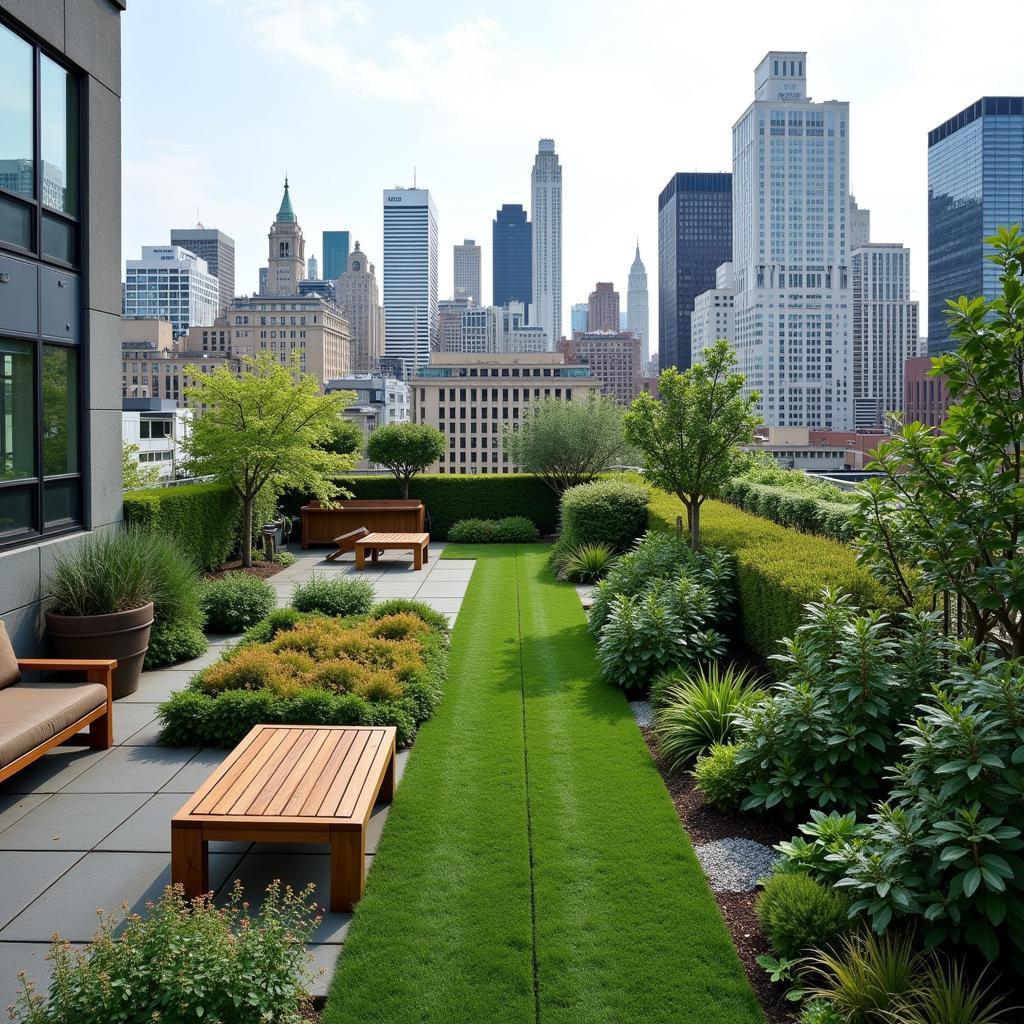 Urban rooftop garden with city skyline