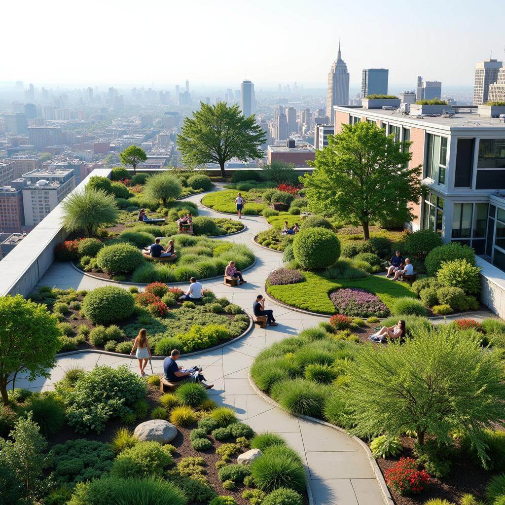 Urban rooftop garden with people relaxing