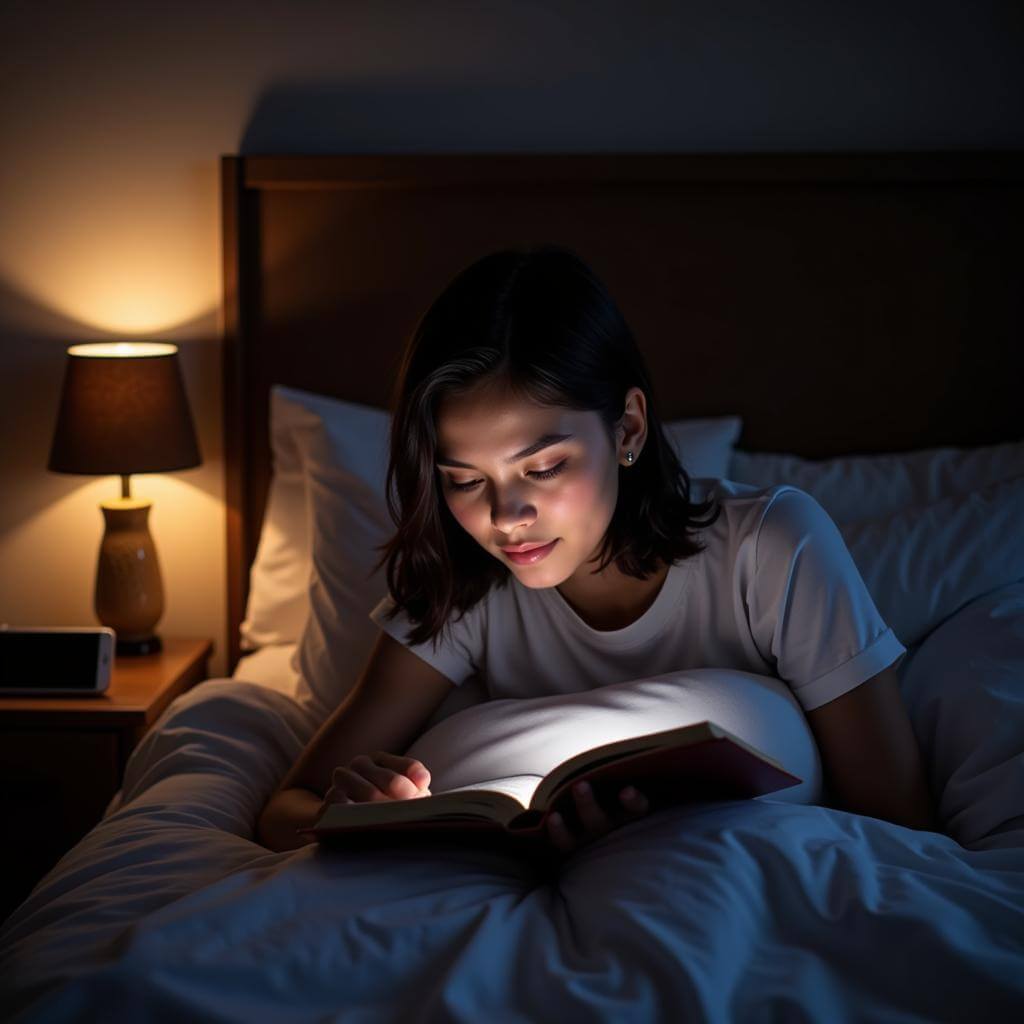 Young adult reading a book instead of using smartphone before sleep