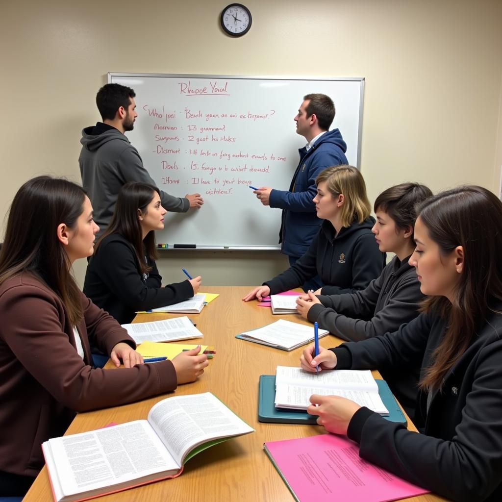 Students engaged in interactive grammar feedback session