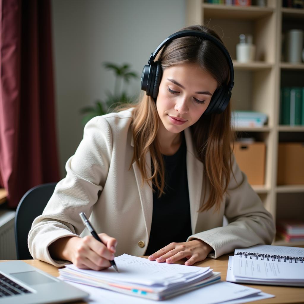 Student implementing active listening strategies for IELTS preparation