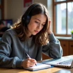 Student demonstrating effective note-taking during IELTS listening