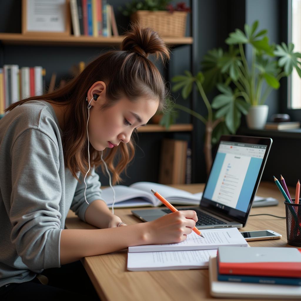 IELTS candidate practicing advanced listening techniques