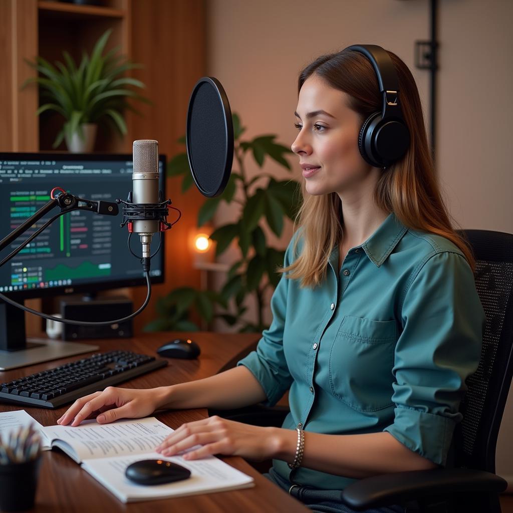 Student using advanced recording setup for IELTS practice