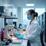 Animal testing in modern cosmetics laboratory with researcher and equipment