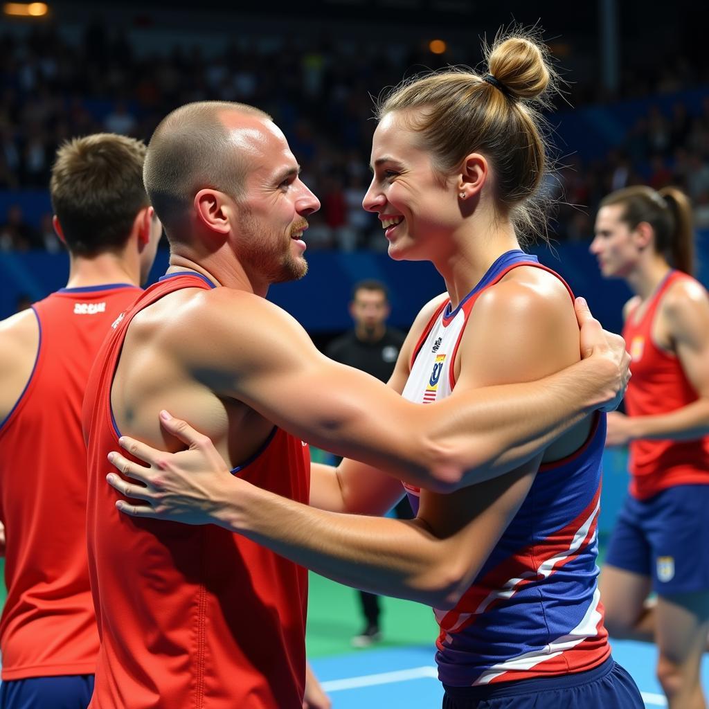 Athletes from different countries showing sportsmanship and respect after competition