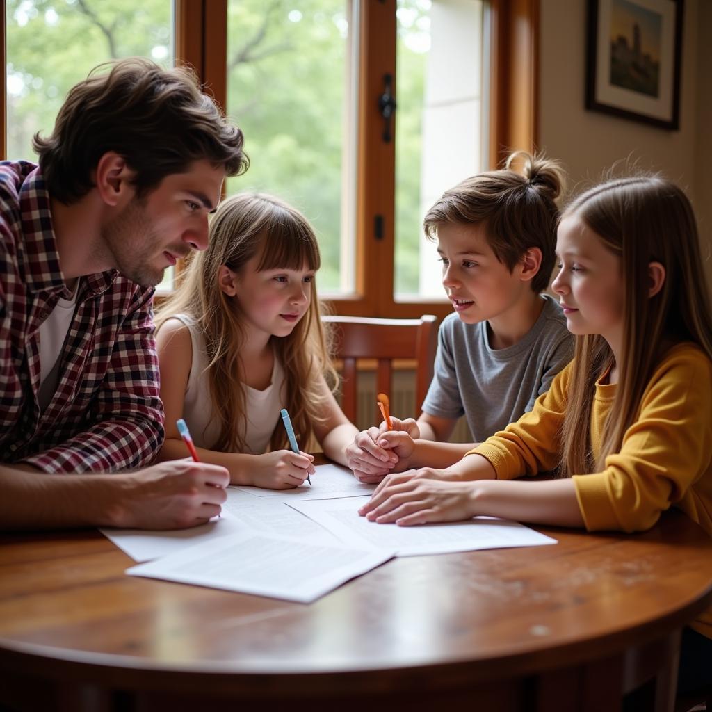 Family discussing and setting screen time rules together