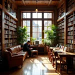 Customer browsing through books in a cozy bookstore environment