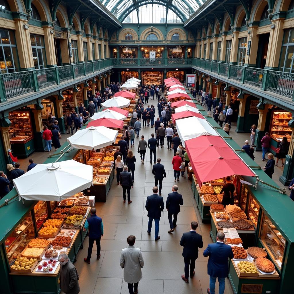 Borough Market in London with diverse food stalls