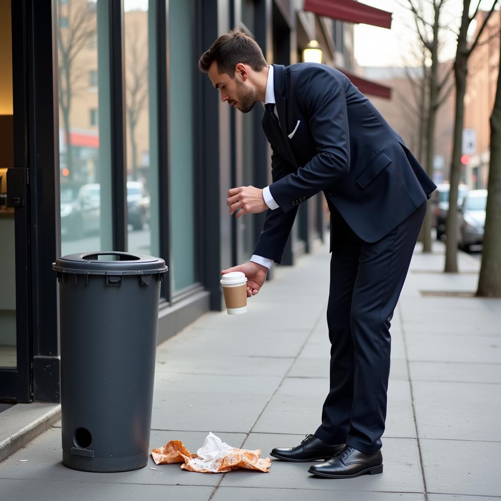 Professional man carelessly littering on city street despite nearby bin