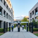 Modern university campus with visible security measures including cameras and access gates