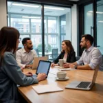 Professional workers discussing career change opportunities in modern office