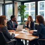 Multiple professionals discussing career transition opportunities in modern office