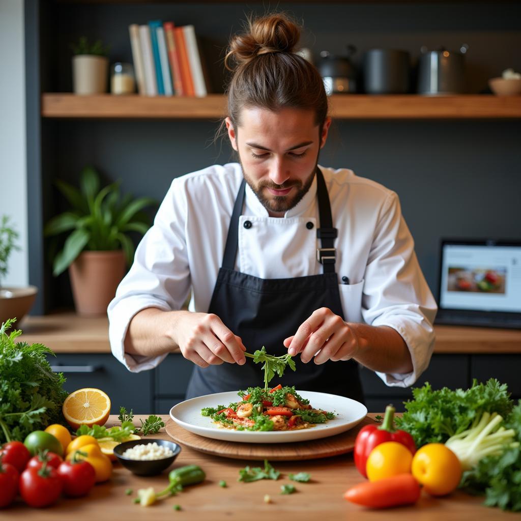 Chef perfecting vegan culinary skills in kitchen