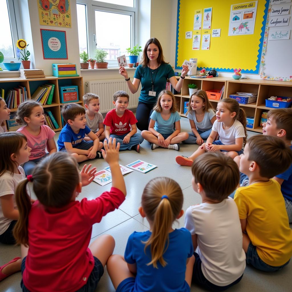 Young children engaged in a foreign language lesson in primary school