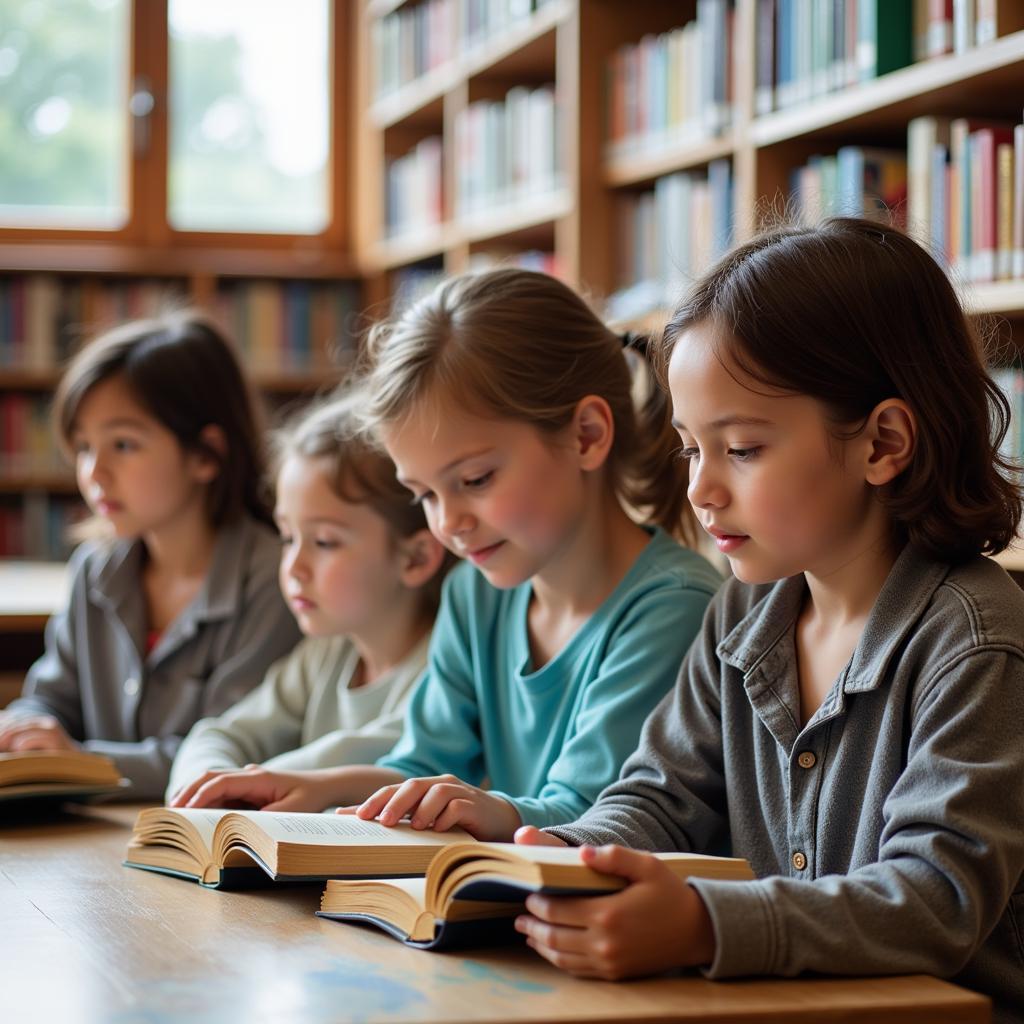 Children reading traditional books for educational development