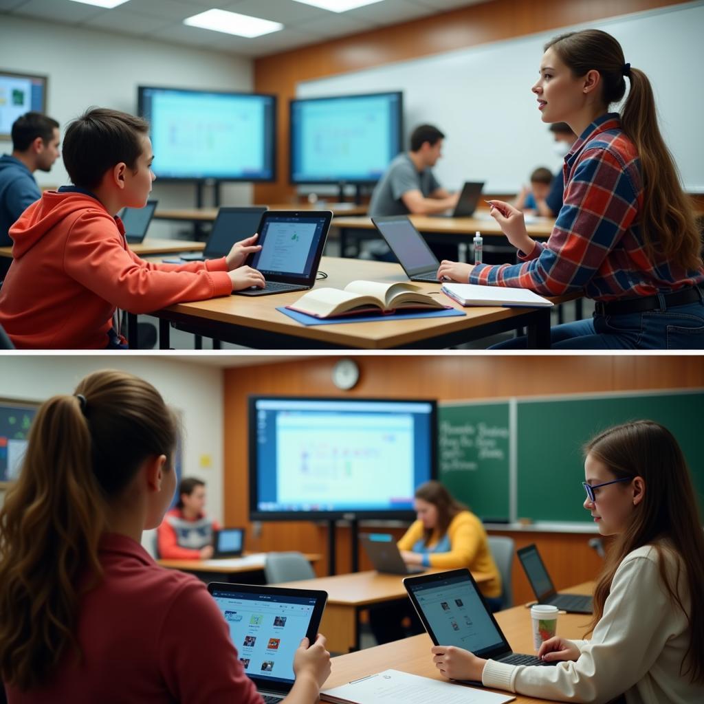 Modern classroom with digital devices versus traditional teaching methods