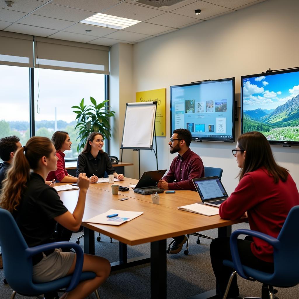 Students discussing climate change impacts in modern classroom