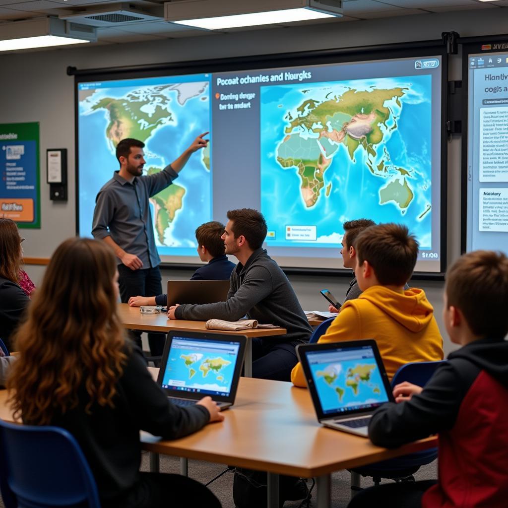 Students learning about climate change impacts in a modern classroom setting