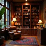 Peaceful home library setting with comfortable armchair and books