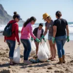 Volunteers participating in a beach cleanup community activity