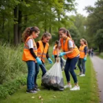 Students participating in community service project cleaning local park