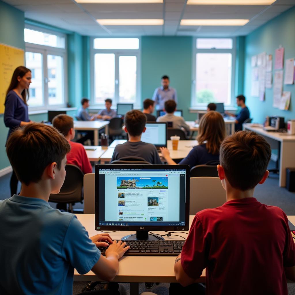 Students engaging with educational computer games in modern classroom setting