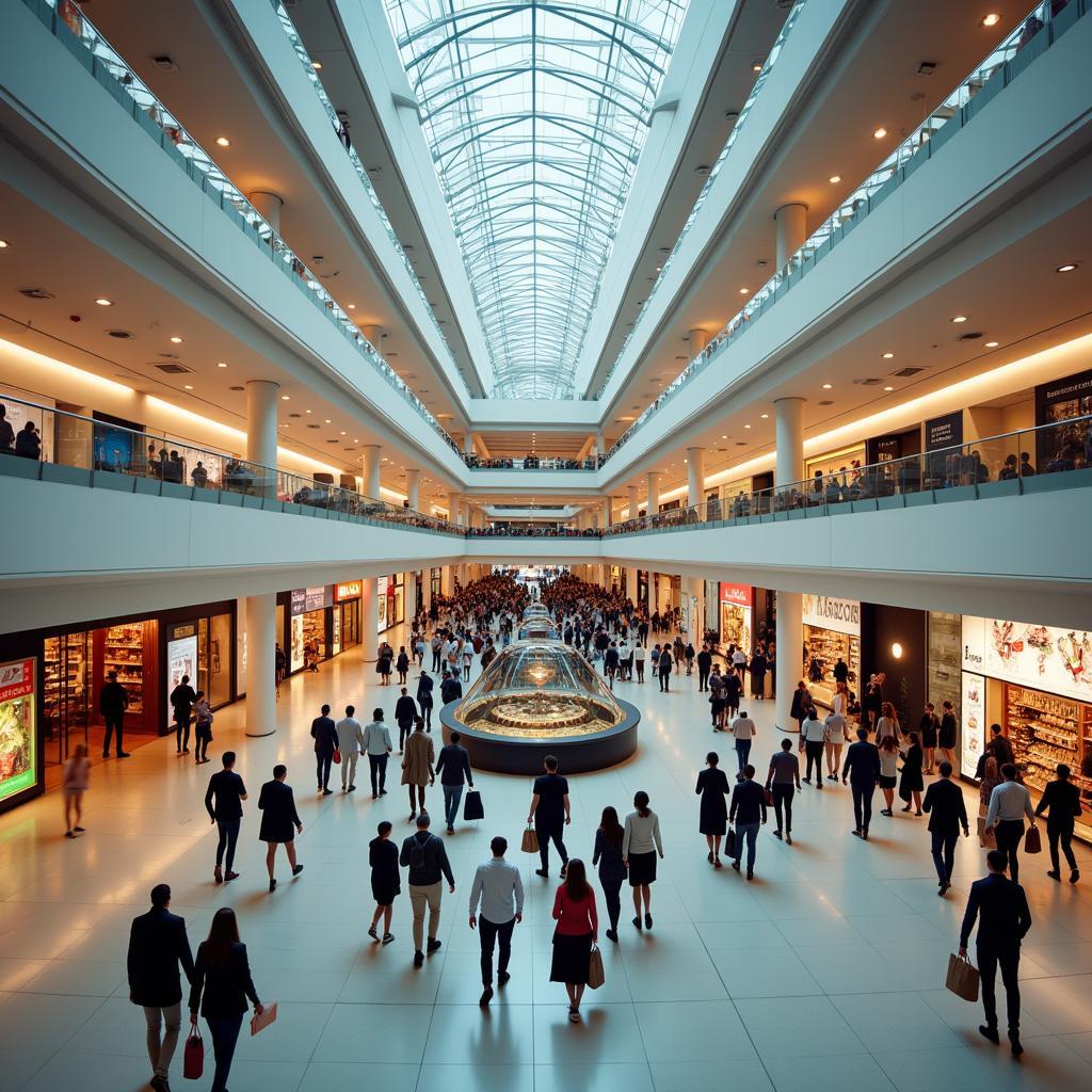 Modern shopping mall filled with consumers representing materialistic society