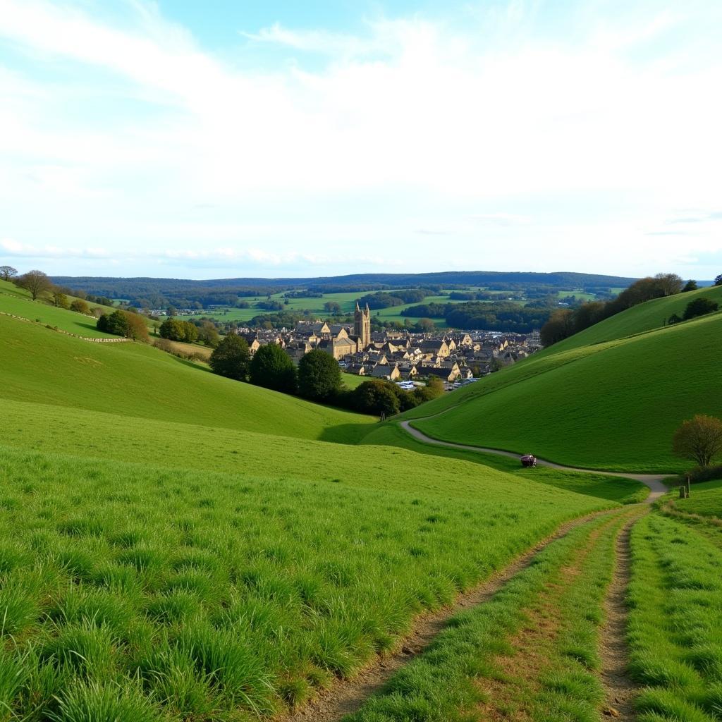 Picturesque view of rolling hills and a quaint village along the Cotswold Way