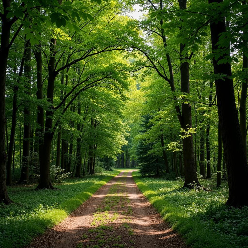 A scenic countryside walking trail winding through a lush green forest