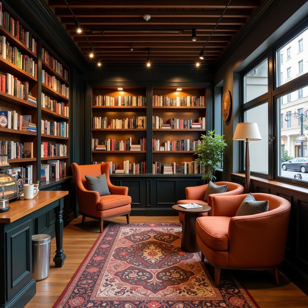 Cozy bookstore interior featuring comfortable reading areas and cafe