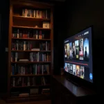 Popular crime novels and TV series displayed on bookshelf and screen