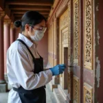 Cultural heritage preservation workers carefully restoring ancient temple architecture