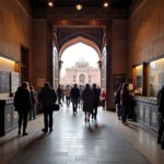 Foreign tourists and local visitors at historical attraction entrance