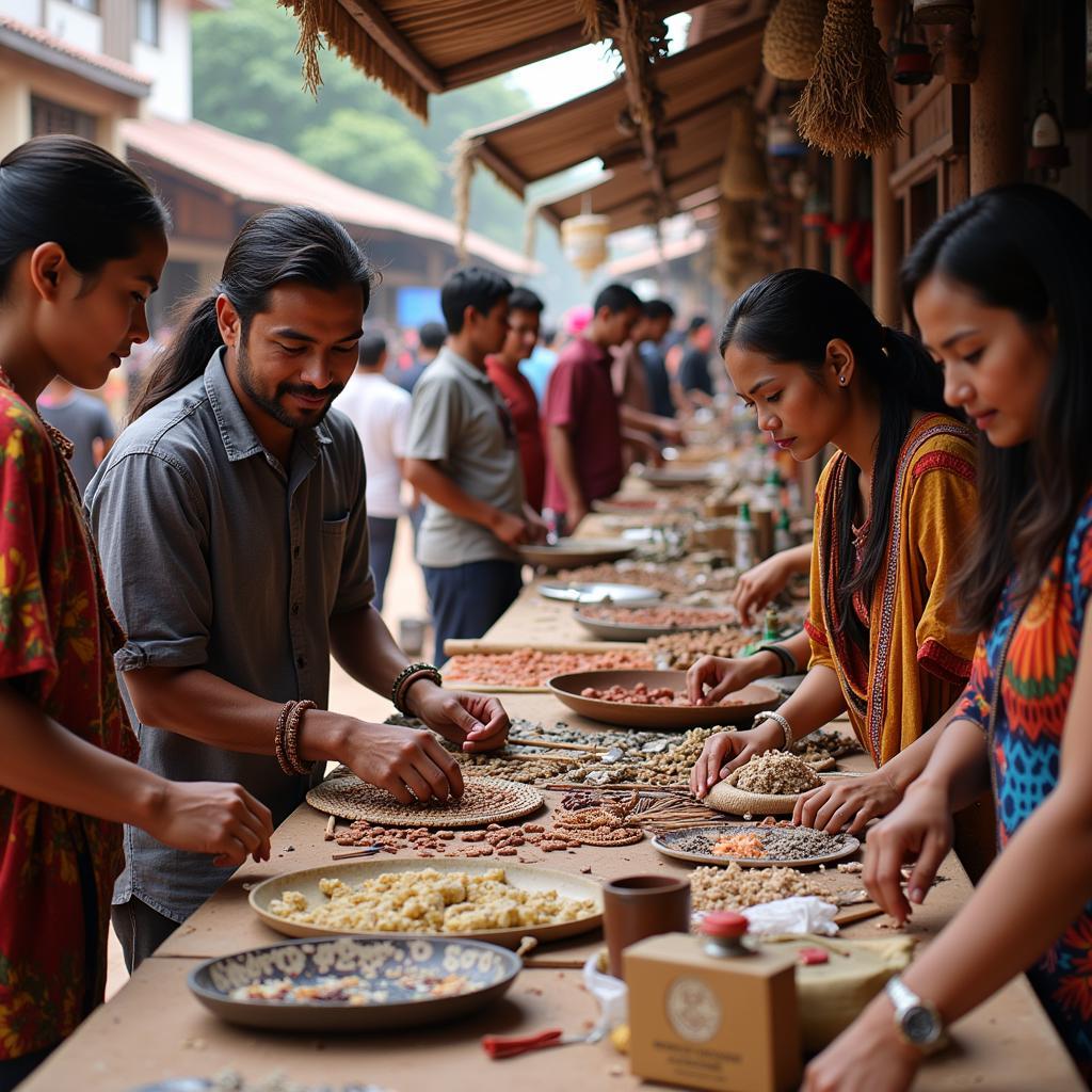 Cultural tourists exploring traditional local market and crafts