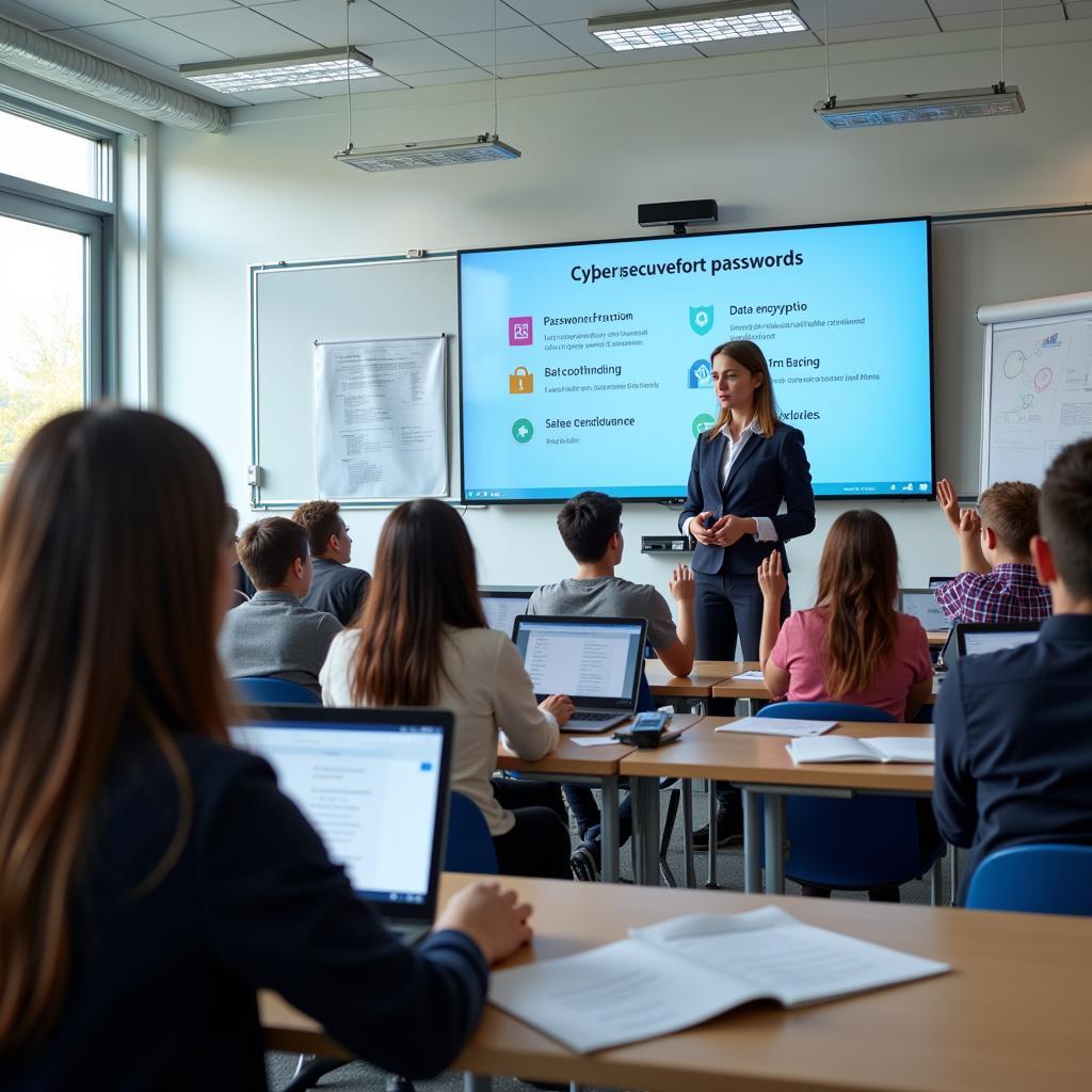 Students learning about cybersecurity in a modern classroom setting