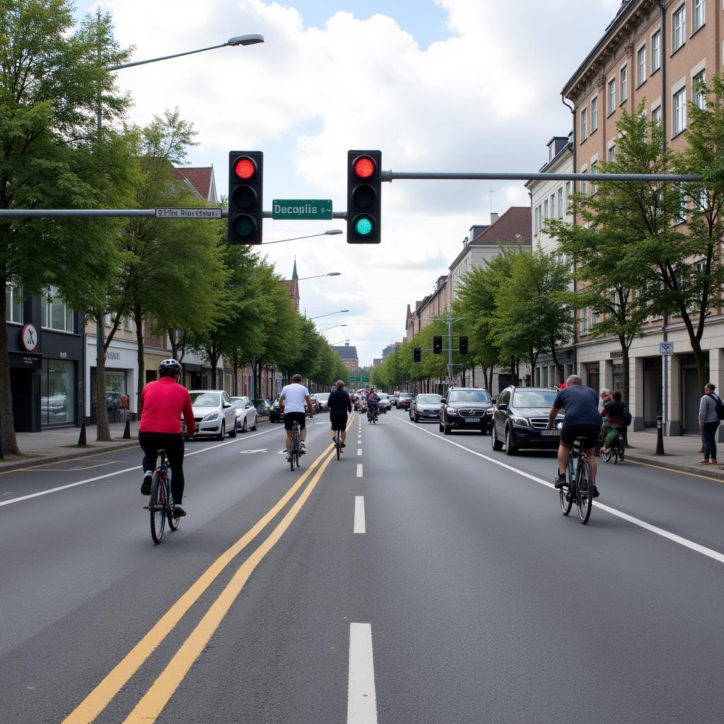 Modern cycling infrastructure in Copenhagen showing dedicated bike lanes and traffic signals