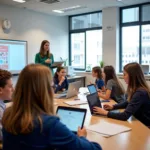 Modern classroom with interactive technology and engaged students